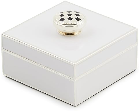MACKENZIE-CHILDS Silver-Plated Trinket Box with Check Knob - Small Decorative Jewelry Keepsake Ring Storage Gift Box - White
