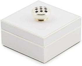 MACKENZIE-CHILDS Silver-Plated Trinket Box with Check Knob - Small Decorative Jewelry Keepsake Ring Storage Gift Box - White