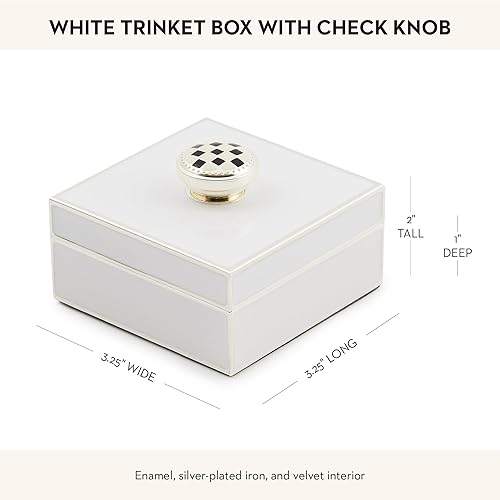 MACKENZIE-CHILDS Silver-Plated Trinket Box with Check Knob - Small Decorative Jewelry Keepsake Ring Storage Gift Box - White