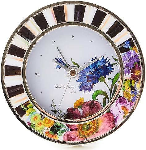 Mackenzie Childs Silver-Plated Round Desk Clock | Decorative Clock for Living Room, Kitchen, Office | Courtly Stripe with Flower Market