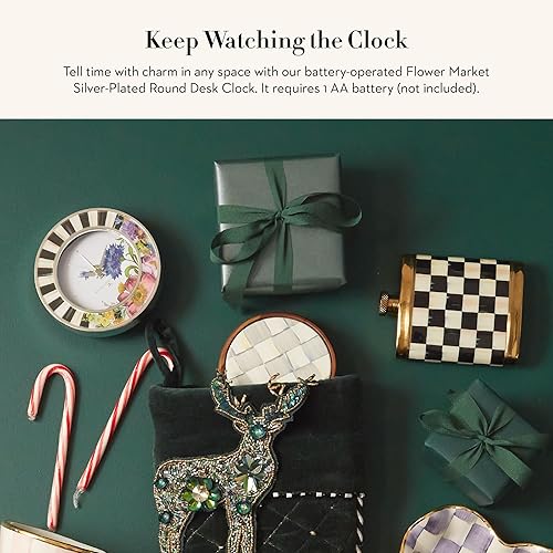 Mackenzie Childs Silver-Plated Round Desk Clock | Decorative Clock for Living Room, Kitchen, Office | Courtly Stripe with Flower Market