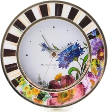 Mackenzie Childs Silver-Plated Round Desk Clock | Decorative Clock for Living Room, Kitchen, Office | Courtly Stripe with Flower Market
