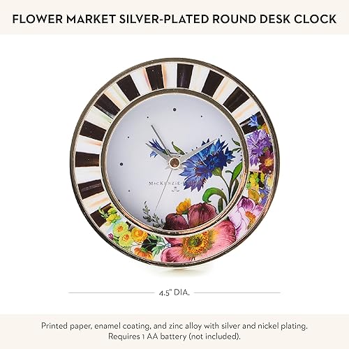 Mackenzie Childs Silver-Plated Round Desk Clock | Decorative Clock for Living Room, Kitchen, Office | Courtly Stripe with Flower Market