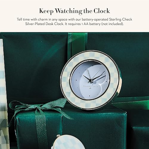 MACKENZIE-CHILDS Gray-and-White Sterling Check Desk Clock - Silver-Plated Decor for Living Room, Kitchen, or Office