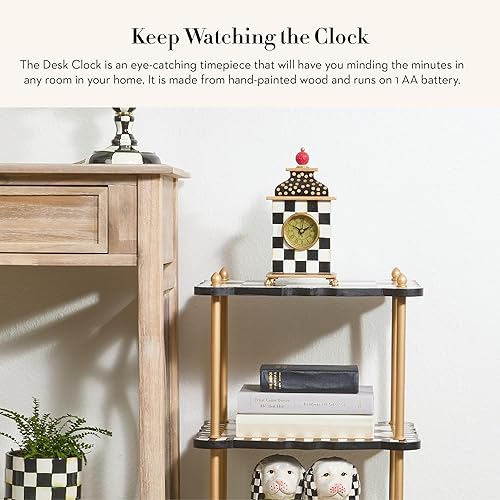 MACKENZIE-CHILDS Decorative Wood Desk Clock for Kitchen & Living Room in Black-and-White Courtly Check