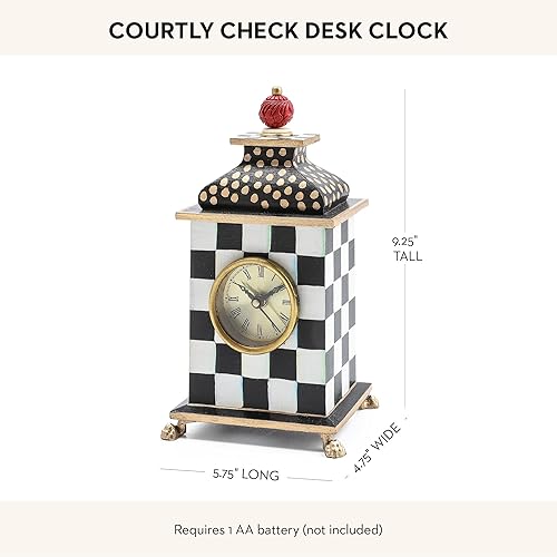 MACKENZIE-CHILDS Decorative Wood Desk Clock for Kitchen & Living Room in Black-and-White Courtly Check