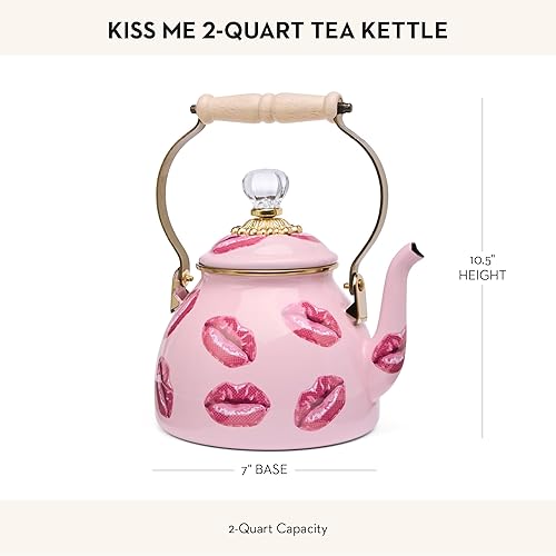 MACKENZİE-CHİLDS:2-Quart Enamel Tea Kettle  Stovetop Cute Tea Kettle, Kiss Me Design