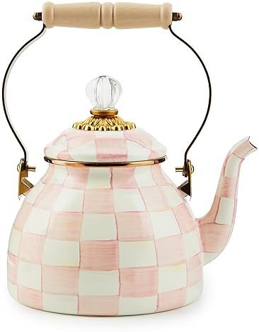 MACKENZIE-CHILDS Enamel Tea Kettle for Stovetop, Pink-and-White Rosy Check, 2 Quarts