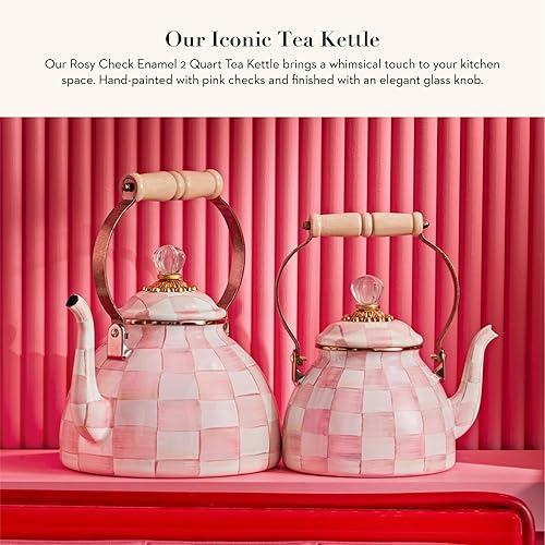 MACKENZIE-CHILDS Enamel Tea Kettle for Stovetop, Pink-and-White Rosy Check, 2 Quarts