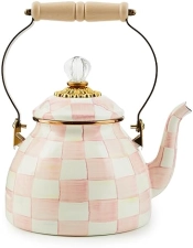 MACKENZIE-CHILDS Enamel Tea Kettle for Stovetop, Pink-and-White Rosy Check, 2 Quarts