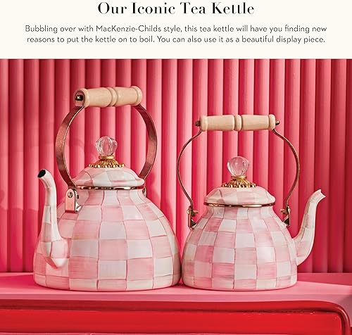 MACKENZIE-CHILDS Pink-and-White Enamel Tea Kettle, 3 Quarts