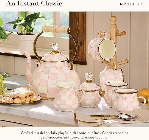 MACKENZIE-CHILDS Pink-and-White Enamel Tea Kettle, 3 Quarts