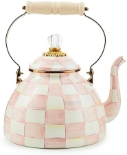 MACKENZIE-CHILDS Pink-and-White Enamel Tea Kettle, 3 Quarts