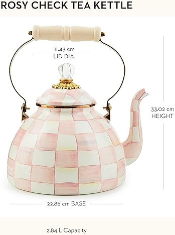 MACKENZIE-CHILDS Pink-and-White Enamel Tea Kettle, 3 Quarts