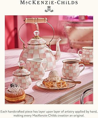 MACKENZIE-CHILDS Pink-and-White Enamel Tea Kettle, 3 Quarts