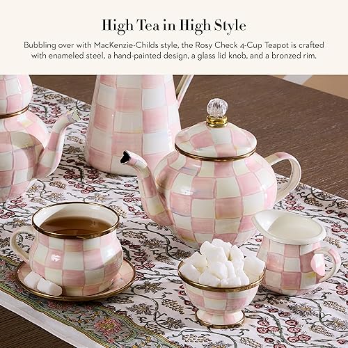 MACKENZIE-CHILDS Pink-and-White Enamel Teapot, Small 4-Cup Cute Teapot with Lid