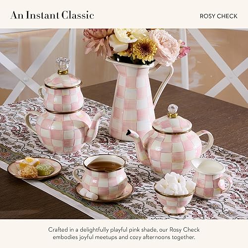 MACKENZIE-CHILDS Pink-and-White Enamel Teapot, Small 4-Cup Cute Teapot with Lid