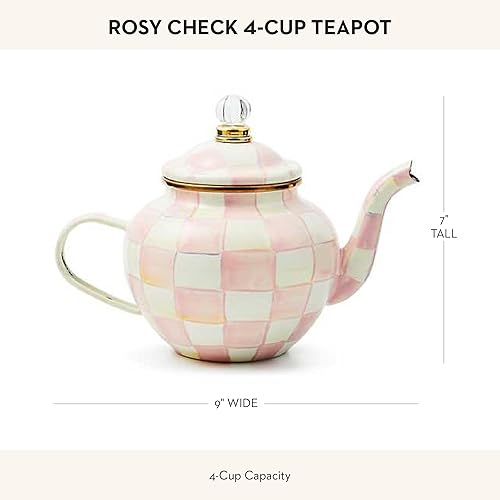 MACKENZIE-CHILDS Pink-and-White Enamel Teapot, Small 4-Cup Cute Teapot with Lid