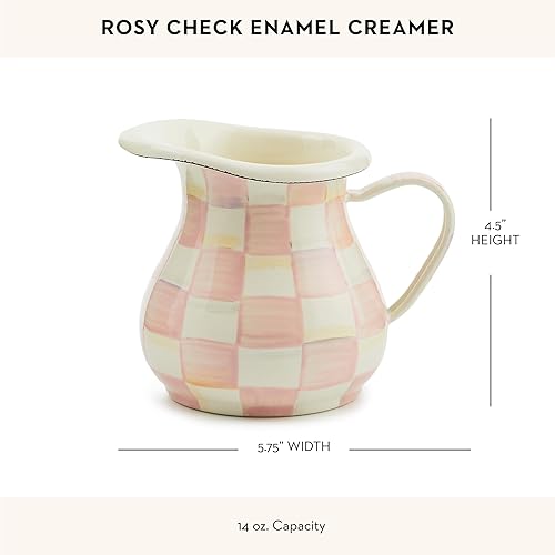 MACKENZİE CHİLDS Enamel Creamer Dispenser with Pour Spout, Pink-and-White Rosy Check - Kitchen Enamelware