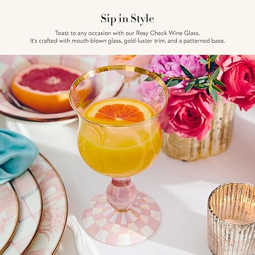 MACKENZİE CHİLDS Stemmed Wine Glass, 16 oz Pink-and-White Rosy Check, Decorative Glassware