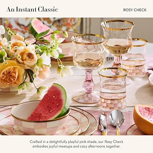 MACKENZİE CHİLDS Stemmed Wine Glass, 16 oz Pink-and-White Rosy Check, Decorative Glassware