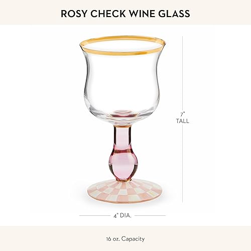 MACKENZİE CHİLDS Stemmed Wine Glass, 16 oz Pink-and-White Rosy Check, Decorative Glassware