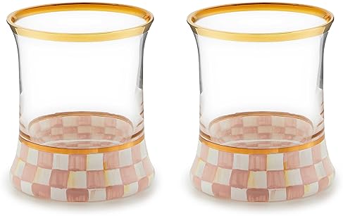 MACKENZİE CHİLDS Elegant Gold Rim Tumbler Glasses, 8 oz, Set of 2, Pink-and-White Checkered Design