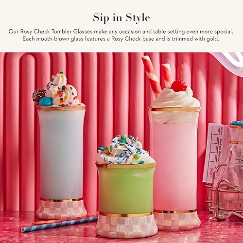 MACKENZİE CHİLDS Elegant Gold Rim Tumbler Glasses, 8 oz, Set of 2, Pink-and-White Checkered Design