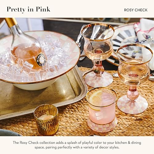 MACKENZİE CHİLDS Elegant Gold Rim Tumbler Glasses, 8 oz, Set of 2, Pink-and-White Checkered Design