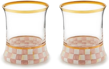 MACKENZİE CHİLDS  Elegant Gold Rim Tumbler Glasses, 8 oz, Set of 2, Pink-and-White Checkered Design