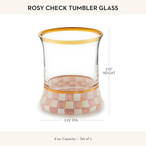 MACKENZİE CHİLDS Elegant Gold Rim Tumbler Glasses, 8 oz, Set of 2, Pink-and-White Checkered Design