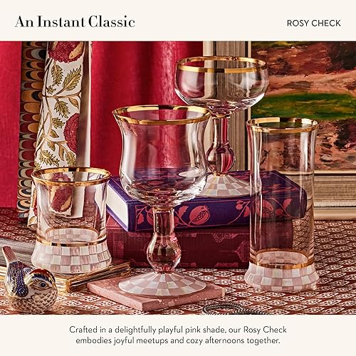 MACKENZIE-CHILDS Highball Glasses with Gold Rims, 15oz, Set of 2, Pink & White Checkered