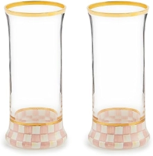 MACKENZIE-CHILDS Highball Glasses with Gold Rims, 15oz, Set of 2, Pink & White Checkered