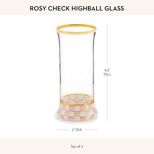 MACKENZIE-CHILDS Highball Glasses with Gold Rims, 15oz, Set of 2, Pink & White Checkered