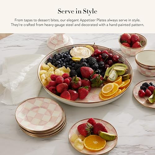 MACKENZİE CHİLDS Enamel Appetizer & Dessert Plates Set, 5 Inches, Pink & White Rosy Check - Pack of 4