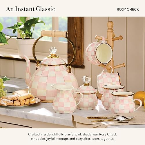 MACKENZİE CHİLDS Enamel Appetizer & Dessert Plates Set, 5 Inches, Pink & White Rosy Check - Pack of 4