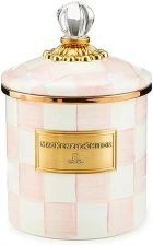 MACKENZİE CHİLDS Small Enamel Kitchen Canister, Pink-and-White Rosy Check Design, 38 oz
