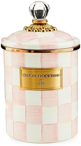 MACKENZIE-CHILDS Medium Enamel Canister, Flour and Sugar Storage Container, 1.42L, Pink & White Check