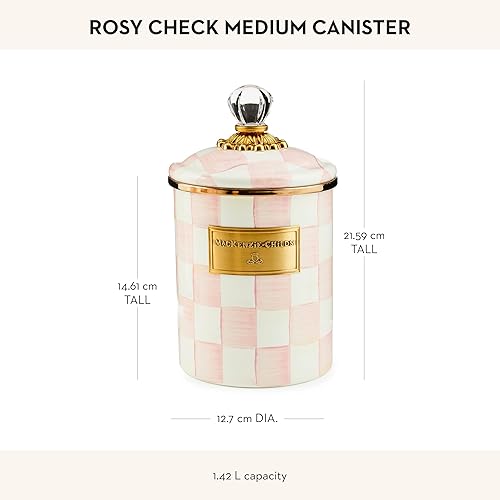 MACKENZIE-CHILDS Medium Enamel Canister, Flour and Sugar Storage Container, 1.42L, Pink & White Check