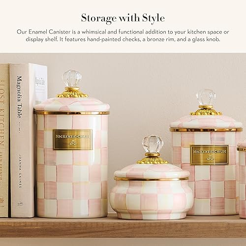 MACKENZIE-CHILDS Large Enamel Canister, Kitchen Storage Container, 1.89L, Pink & White Rosy Check