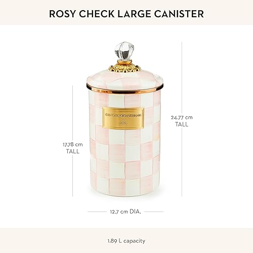 MACKENZIE-CHILDS Large Enamel Canister, Kitchen Storage Container, 1.89L, Pink & White Rosy Check
