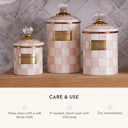 MACKENZIE-CHILDS Large Enamel Canister, Kitchen Storage Container, 1.89L, Pink & White Rosy Check