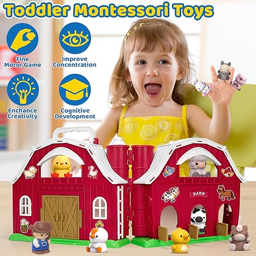 KMUYSL Big Red Barn Farm Animal Playset for 1-3 Year Olds - Educational Montessori Toy