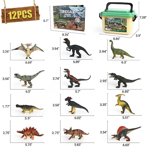 OENUX Realistic Dinosaur Toy Set with Educational Booklet for Kids Ages 3-5, 12pcs - T-Rex, Triceratops, Dino Learning Toy - Ages 4-7
