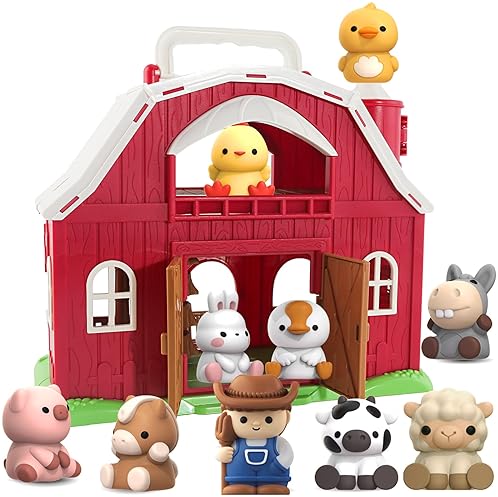 Montessori Farm Animals Barn Toy for Toddler, Pretend Playset with Farmer, Educational Gift 1-3 Years