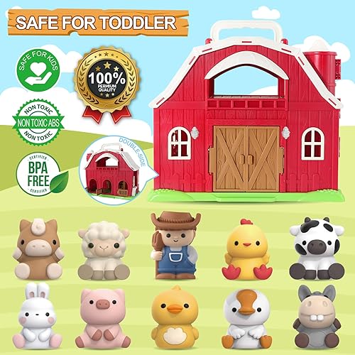 Montessori Farm Animals Barn Toy for Toddler, Pretend Playset with Farmer, Educational Gift 1-3 Years