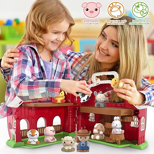 Montessori Farm Animals Barn Toy for Toddler, Pretend Playset with Farmer, Educational Gift 1-3 Years
