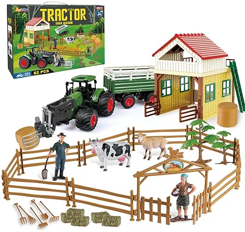 Joylike 62-Piece Farm Tractor Playset for Kids with Trailer, Barn, Accessories - Ages 3+