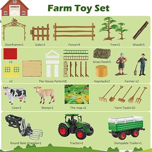 Joylike 62-Piece Farm Tractor Playset for Kids with Trailer, Barn, Accessories - Ages 3+