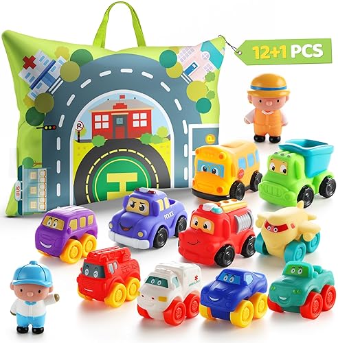 Bessome Soft Rubber Toy Car Set with Playmat & Storage Bag | 12 Cartoon Cars for 1-2 Year Olds | Birthday & Valentine Gift